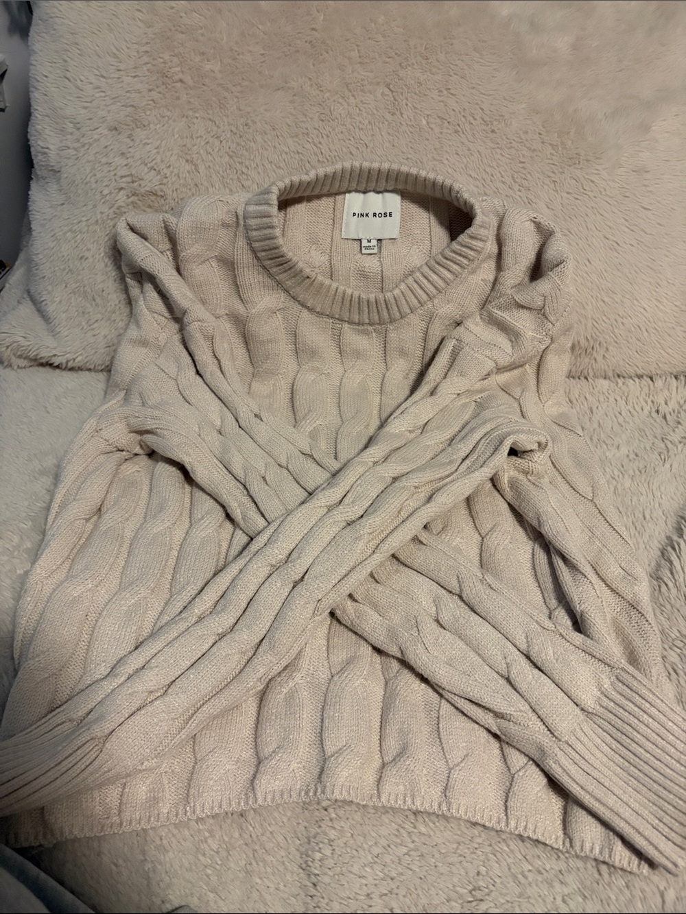 Pink Rose Crewneck Cable Knit Sweater in Light Taupe